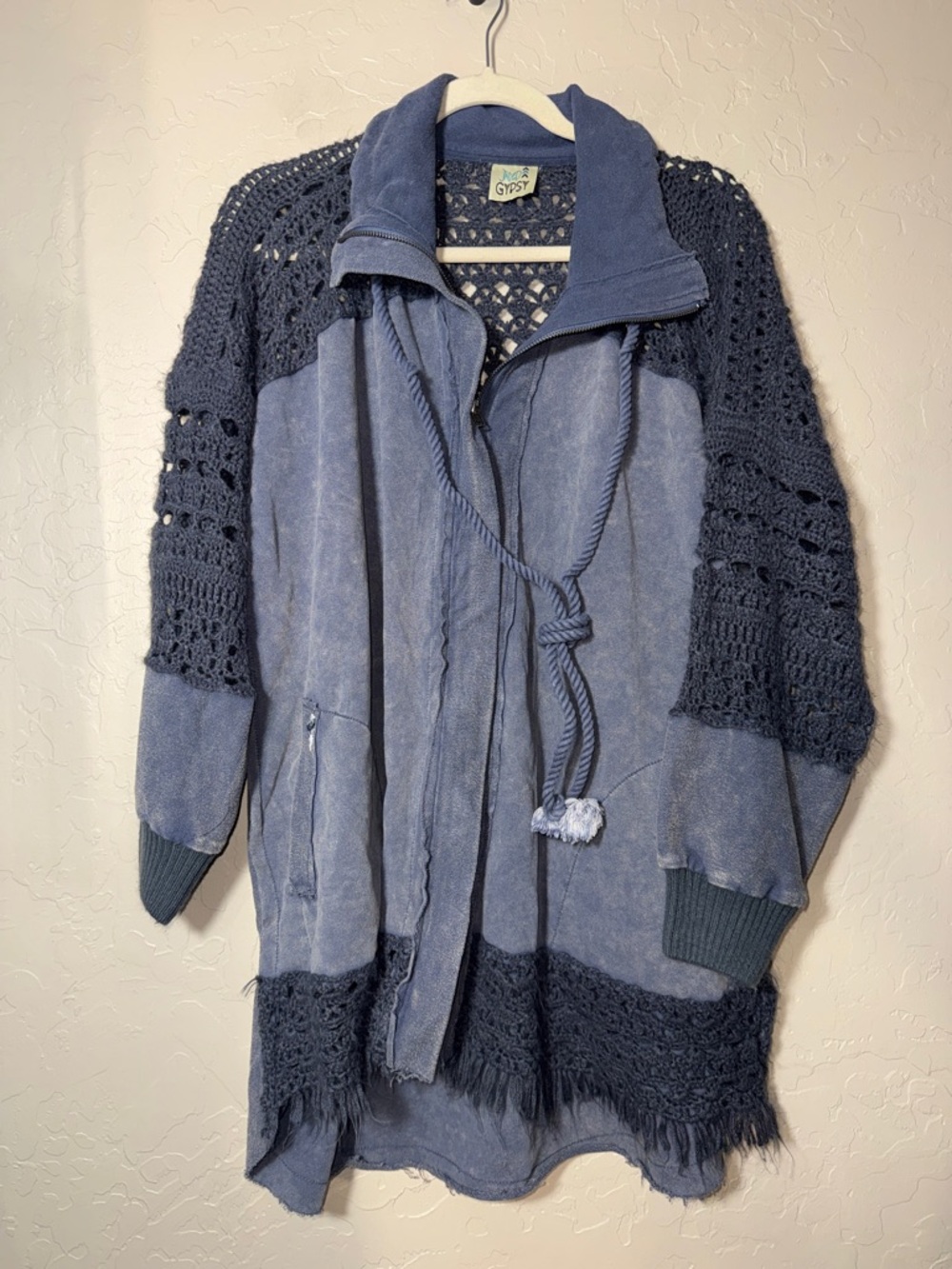 Jaded gypsy blue oversized one size crochet detail zip front cardigan sweater